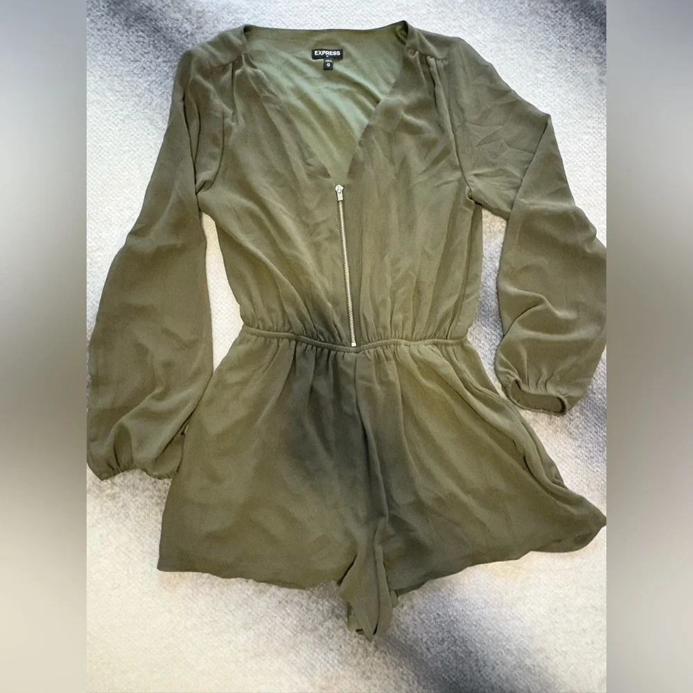 (B1) Express Olive Green Long‎ Sleeve Zip Front Romper | Sheer Sleeves | Boho XS